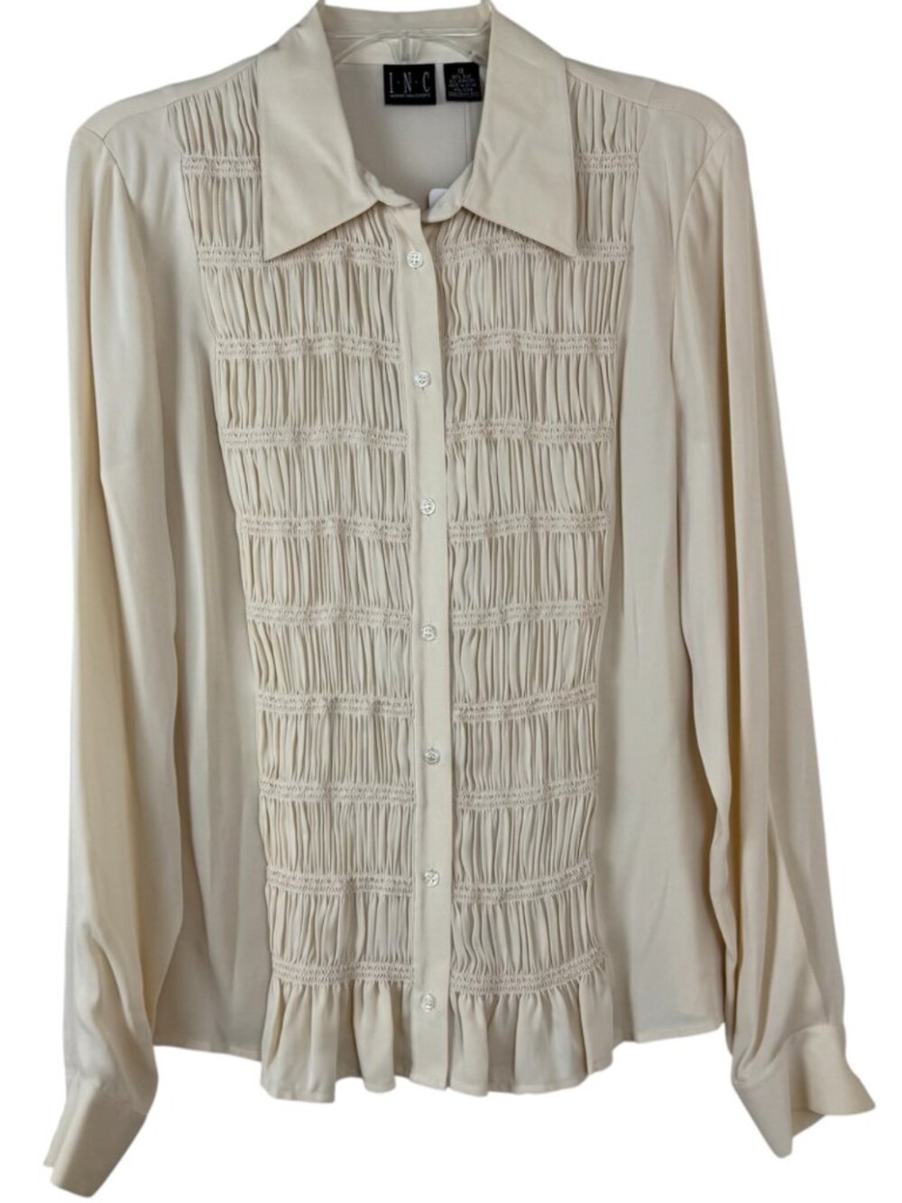 INC Silk Blend NEW Beige Ruched Button Up Blouse Size 12 Y2k Chic Timeless